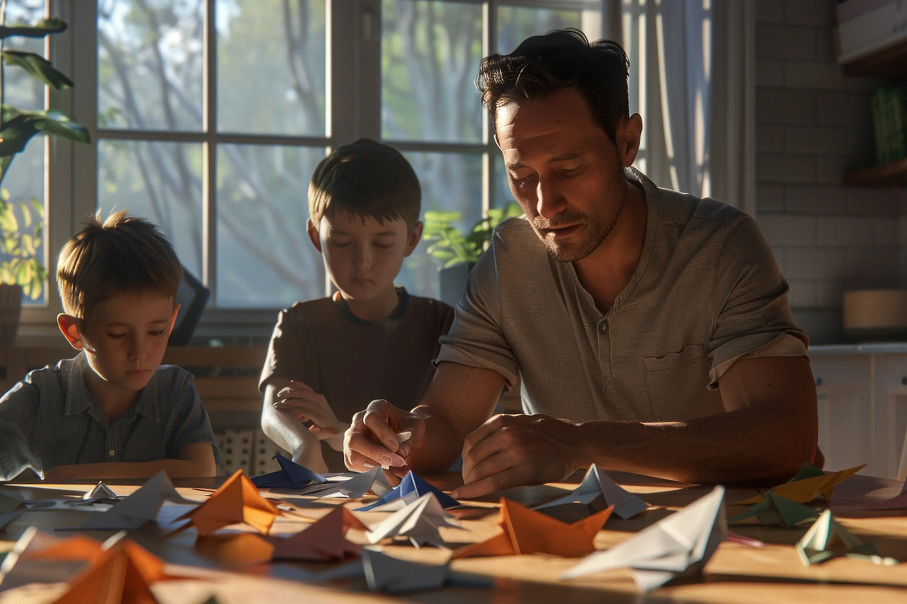 Vater und Kinder falten Origami.
