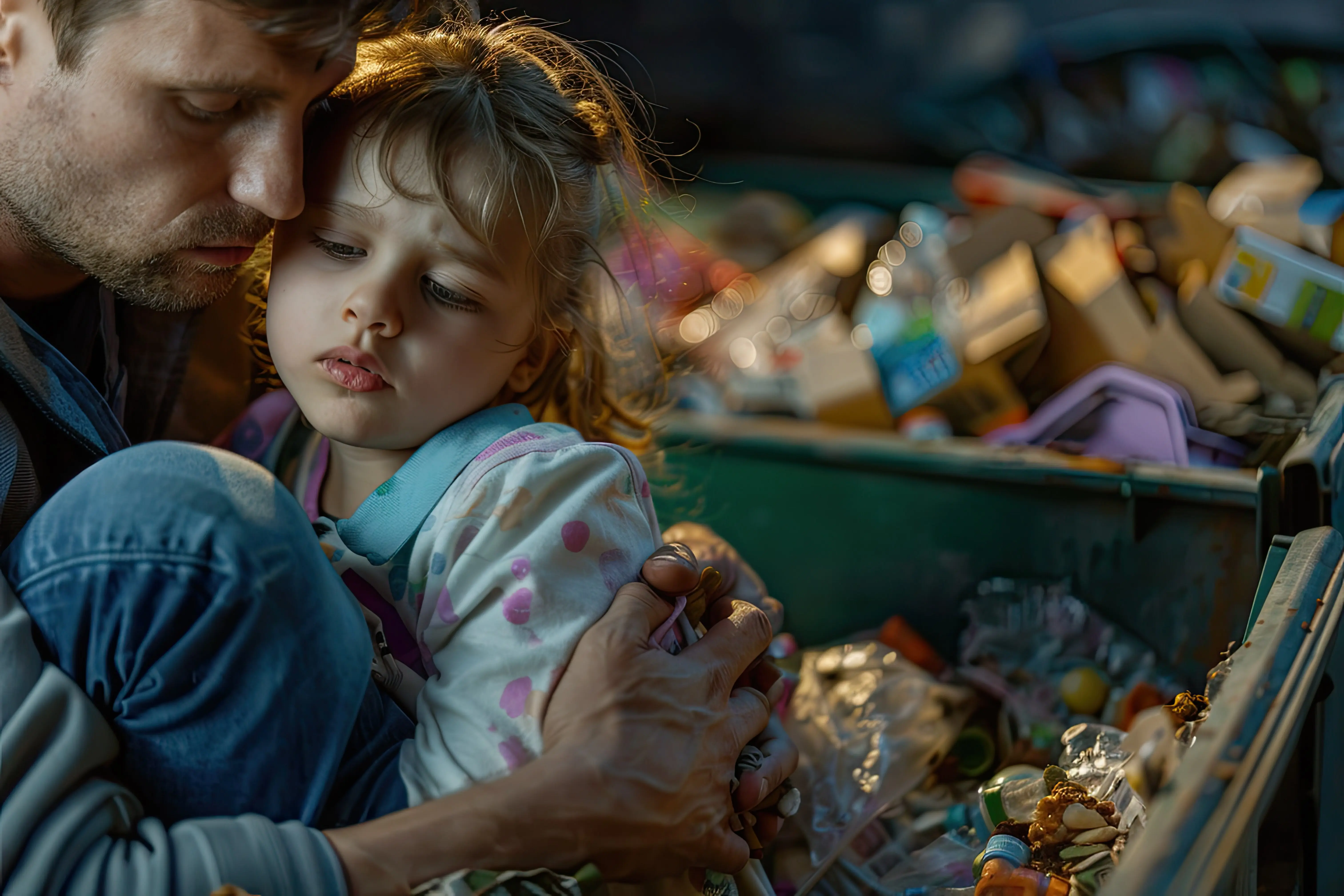 Ein Vater und seine Tochter trennen Lebensmittelabfälle.