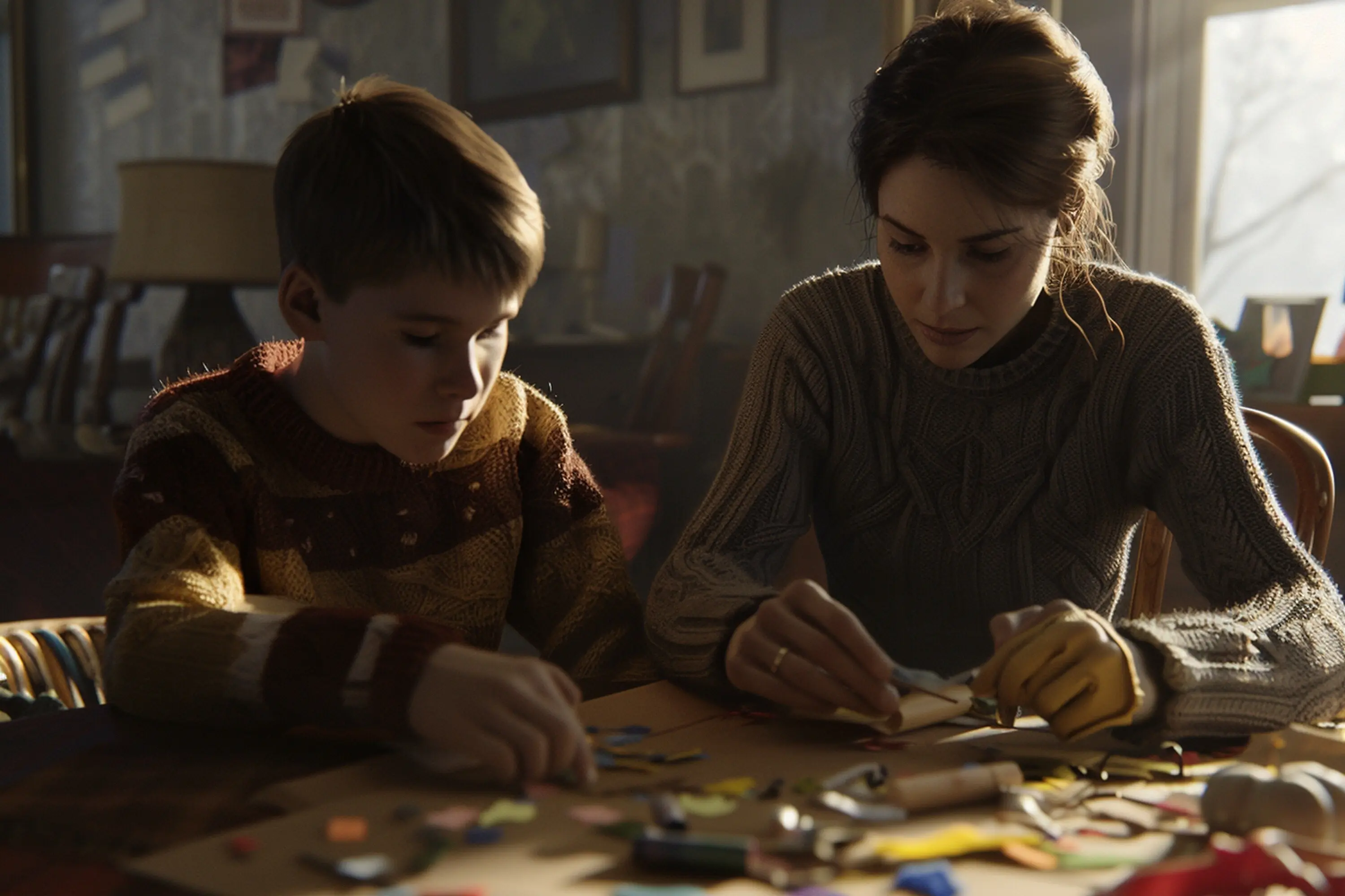 Mutter und Sohn arbeiten an einem Bastelprojekt.